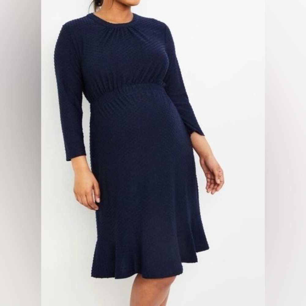 Motherhood Maternity Navy Blue Dot Fit and Flare Dress, size large, 3/4 sleeve